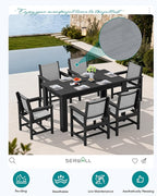 SERWALL 7 Piece Outdoor Dining Table Sets for 6 with 1 Umbrella Hole Cut-Out Rectangular Table and 6 Textilene Chairs, HDPE Dining Table Sets for Garden, Backyard, Poolside, Black