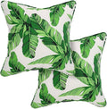 Outdoor Throw Pillow with Insert 18x18 Inch, Set of 2, Piping Edge Waterproof Fade Resistant Decorative Fluffy Pillows for Patio Furniture Chair Bench Couch Sofa - Green Leaves White