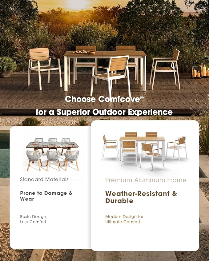 Outdoor Patio Dining Set for 6, Aluminum 7 Piece HDPE Patio Table and Chairs Set with Umbrella Hole, Modern Rectangular Patio Furniture Set with All-Weather Table & 6 Chairs (White & Teak)