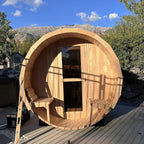 Outdoor Barrel Steam Sauna with Porch, Canadian Hemlock Wood Sauna 6 Person, 6KW Toule Heater, 220V, Waterproof System, Asphalt Shingles, Rugged Base(0-195℉)