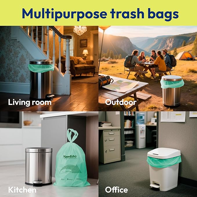 2.6 Gallon 200 Counts Small Green Trash Bags with Handle, Ocean Fishing Nets Upcycling, Sage & Sea Salt Scented, Plastic Garbage Bags, Waste Bag for Kitchen, Bathroom, Office and Pets