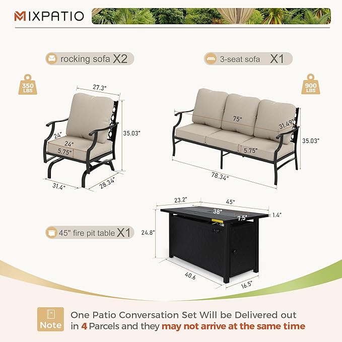 Patio Furniture Set with Firepit Table, 4 Pcs Metal Outdoor Conversation Set, 2 Rocking Chairs and 3 Seater Sofa with 5.75" Extra Thick Cushion and Gas Fire pit Table for Backyard Deck, Beige