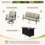 Patio Furniture Set with Firepit Table, 4 Pcs Metal Outdoor Conversation Set, 2 Swivel Chairs and 3 Seater Sofa with 5.75" Extra Thick Cushion and Gas Fire Pit Table for Backyard Deck, Beige