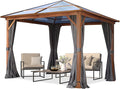 TOOLPORT Hardtop Gazebo 10x10 ft with Polycarbonate Roof - Wood-Like Finish - 4 Side Panels in Gray