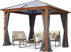 TOOLPORT Hardtop Gazebo 10x10 ft with Polycarbonate Roof - Wood-Like Finish - 4 Side Panels in Gray