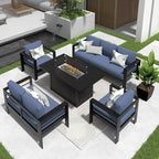 Solaste Aluminum Patio Furniture Set with Fire Pit Table, 5 Piece Metal Outdoor Furniture with Water-Resistant Cushions, Modern Patio Conversation Set for Balcony, Front Porch, and Backyard, Blue