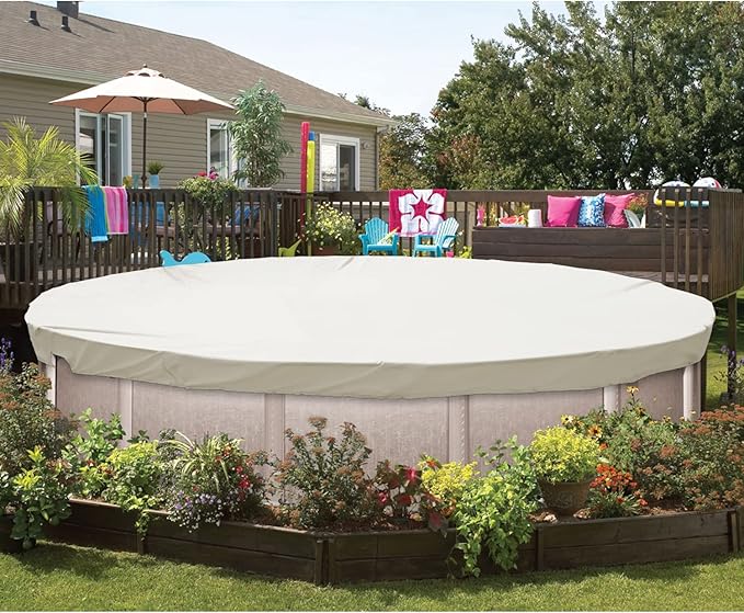 ECOOPTS 20 ft Waterproof Round Polyester Pool Cover for Above Ground Pools, Swimming Pool Cover Protector Winter Safety Cover (Beige)