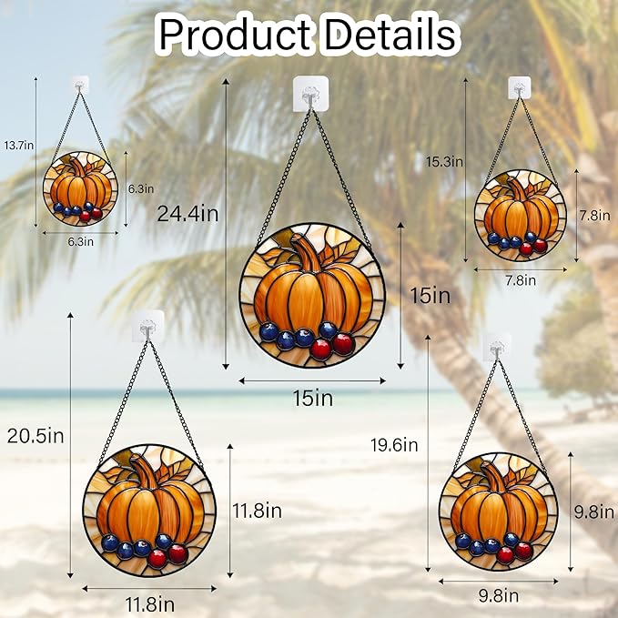 Stained Glass Window Hanging Fall Pumpkin Berries Large 15" - Suncatcher Door Garden Kitchen Sunroom Sun Catcher Autumn Home Decor Birthday for Mom Grandma Men Woman