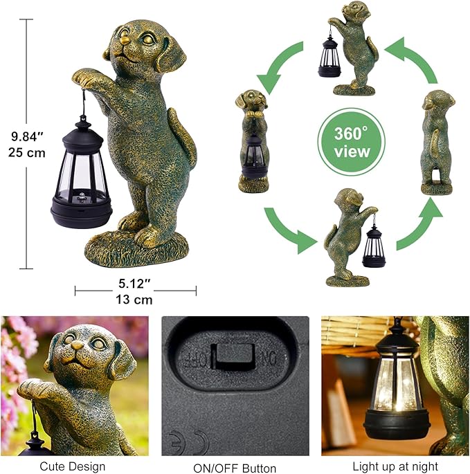 Dog Statue with Solar Lantern - 9.84 Inch Resin Solar Outdoor Lawn Yard Garden Decor - Unique Design Gifts for Women Mom Men (Copper)