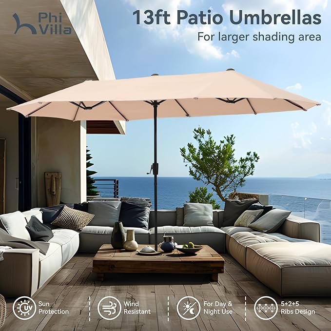 PHI VILLA 7-Piece Outdoor Dining Set, Heavy Duty Patio Table and Chairs Set with Umbrella for 6, 64" Rectangular Patio Metal Table & Wicker Dining Chairs with Cushions, 2 Swivel