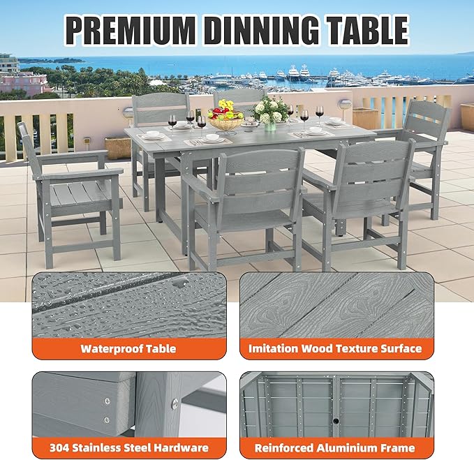 7-Piece HIPS Patio Dining Set, Outdoor Dining Table and Chairs Set with Umbrella Hole, Weatherproof Dining Table Set for 6 Person, Patio Furniture Set for Outside Deck, Grey
