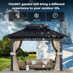 YOLENY 10' x 12' Gazebo with Galvanized Steel Roof, Double Roof with Anti-Rust Coating, Outdoor Gazebos with Curtains and Netting, Sunshade for Gardens, Lawns, Deck