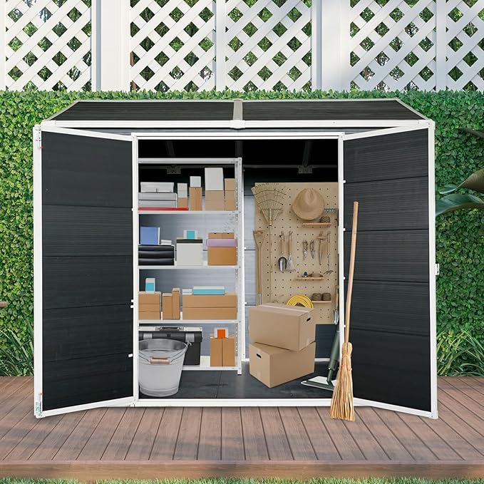 8x6 FT Resin Outdoor Storage Shed with Floor, Windows & Lockable Doors Waterproof All-Weather Garden Shed for Backyard, Patio, and Lawn Equipment Storage, Grey