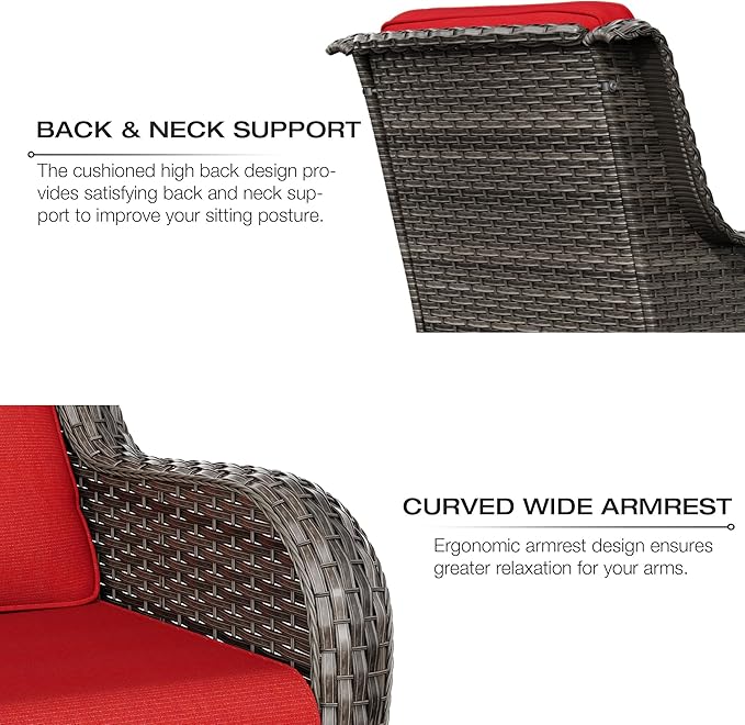 Joyside Patio Furniture Set 5-Piece Wicker Outdoor Furniture Conversational Set with 3-Seat Sofa, 2 Armchairs, 2 Ottoman Patio Rattan Wicker Sectional Sofa Set with Olefin Cushions(Mixed Grey/Red)