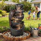 5 Tiered Rock Water Fountain Outdoor with Vintage Jar, Cascading Waterfall Fountain with LED Lights, Outdoor Fountains for Garden or Patio, Yard, and Deck Decor, 16.5" L x 12.6" W x 31.7" H