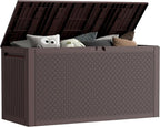 90 Gallon Outdoor Storage Box, Lockable Package Outside Storage Box Waterproof, Patio Cushions Deck Storage Boxes, Rattan Plastic Garden Hose Containers Resin Pool Storage Bins with lids, Brown