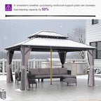 PURPLE LEAF 12'x14' Hardtop Gazebo with Lights Double Roof on Galvanized Steel Frame Outdoor Pavilion Including Netting and Curtains for Patio Garden Deck Grey
