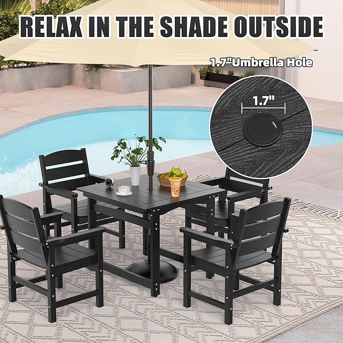 5-Piece HIPS Patio Dining Set, Outdoor Dining Table and Chairs Set with Umbrella Hole, Weatherproof Dining Table Set for 6 Person, Patio Furniture Set for Outside Deck, Black