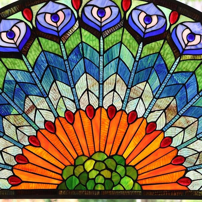 Bieye W10034 Peacock Feather Tiffany Style Stained Glass Window Panel Hangings with Chain, 36 inches Wide Half Round Shape