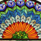 Bieye W10034 Peacock Feather Tiffany Style Stained Glass Window Panel Hangings with Chain, 36 inches Wide Half Round Shape