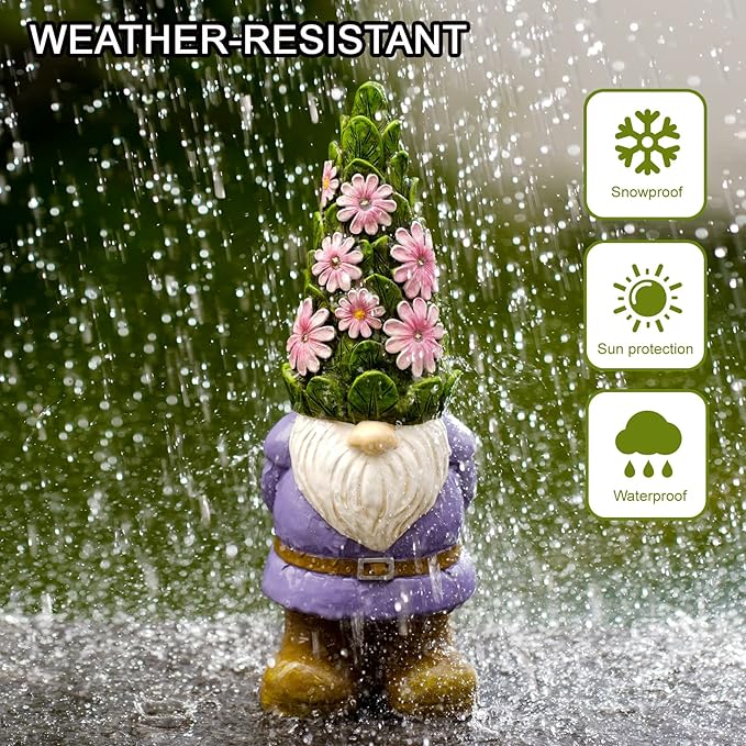 Nacome Garden Outdoor Statues Gnome with Succulent and 7 LED Lights - Lawn Decor for Patio, Balcony, Yard Ornament - Unique Housewarming Gifts