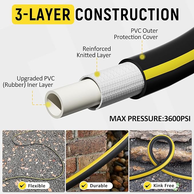 100ft Pressure Washer Hose - 1/4" Flexible Power Washer Hose with Stainless Steel Quick Connect Fittings, 3600 PSI Non-Kink Extension Replacement Hose for Gas&Electric Pressure Washer