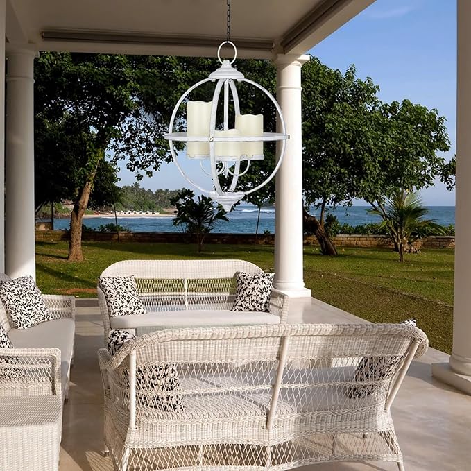 Battery Operated Outdoor Candle Chandelier - White Metal Globe Hanging Pendant Light with 3 Flameless Candles, 12.6" Waterproof Lights for Gazebo, Pergola, Garden, Porch & Backyard