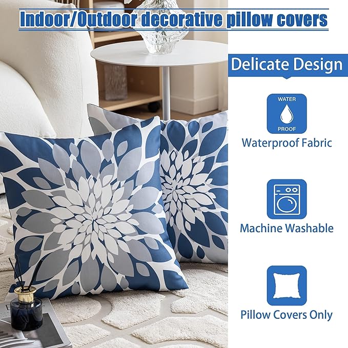 Qahing Pack of 4 Outdoor Waterproof Pillow Covers 20x20 Decorative Outdoor Throw Pillows Garden Square Cases for Patio Furniture, Couch, Tent Sunbrella, Bench, Blue Grey