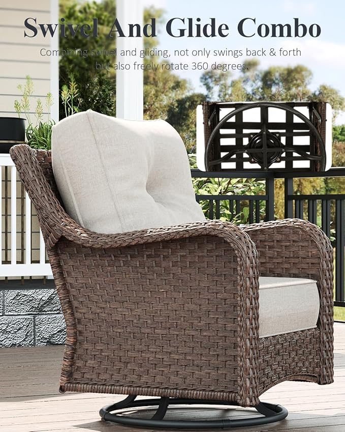 LayinSun 5 Piece Wicker Outdoor Furniture Set with 6-inch Comfy Cushions, High Back Patio Furniture Set with Swivel Rocking Chairs and Fire Pit Table