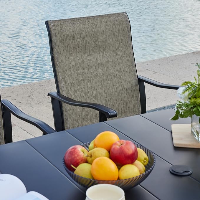 VICLLAX 7 Pieces Outdoor Dining Set, Patio Furniture Set of 6 Patio Swivel Dining Chairs and 50" Patio Spliced Round Tabletop, Mixed Brown Chairs & Walnut Tabletop