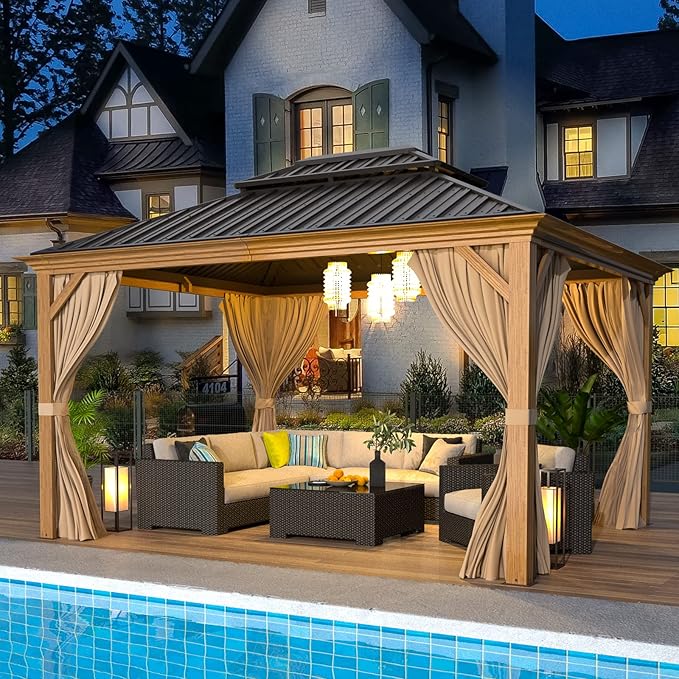 EROMMY 10'x12' Gazebo, Wood Grain Aluminum Frame Canopy with Double Galvanized Steel Hardtop Roof, Outdoor Permanent Metal Pavilion with Curtains and Nettings for Patio, Backyard and Deck