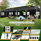 COBIZI 10x30 Pop Up Canopy Tent with Sidewalls - Party Outdoor Wedding Event for Parties - UPF 50+ Windproof Waterproof Gazebo with Air Vent, Wheeled Bag, Sandbag, Stake, Rope (Black)