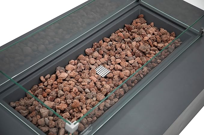 AMS Creations | Madison 60" Bundle Rectangular Propane Gas Outdoor Fire Pit Table | Dark Gray Concrete GFRC | Smooth Texture or Surface | Electronic Ignition | Outside Backyard Fireplace