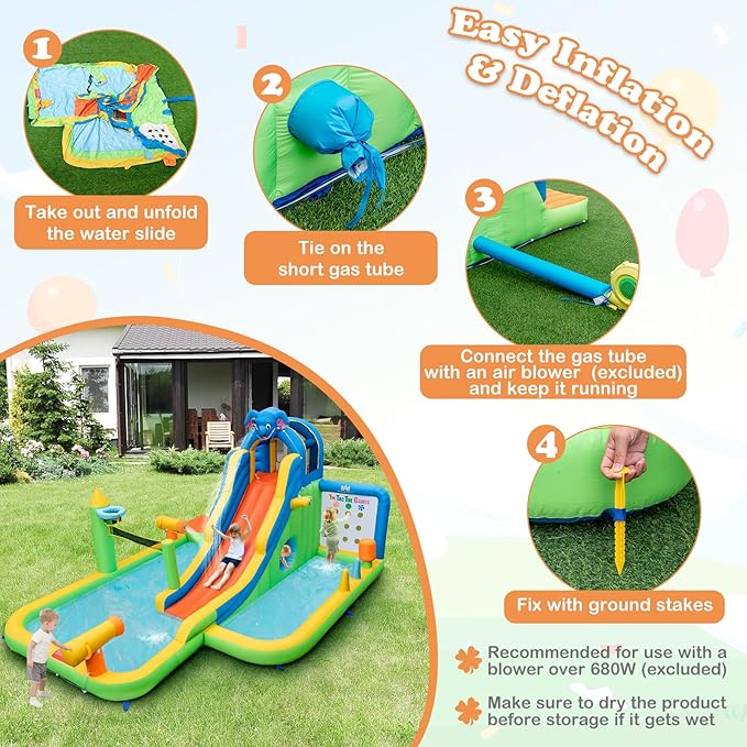 BOUNTECH Inflatable Water Slide, Elephant Surfing Slide Kids Water Park Jump Bouncy Castle w/2 Splash Pools, Hide & Seek Cave, Outdoor Water Slides Inflatables for Big Kids Backyard Party Gifts