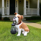English Bulldog Outdoor Dog Statue with Flip-Over “Welcome/ON Patrol” Plaque and Solar Path Lantern, Brown & White Sitting Puppy for Porch & Lawn