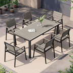 Outdoor Dining Set for 6, Patio Table and Chairs Set, Aluminum Patio Furniture Set with Umbrella Hole, HDPS Patio Dining Table Set for 6 (Gray)