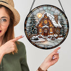 Stained Glass Window Hanging - Christmas Tree Cottage Sun Catcher for Door Garden Home Winter Decor Snowy Night Suncatcher Mother's Day Birthday Gifts for Women Men Mom Nana 11.8 in