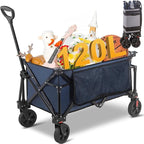 Collapsible Folding Wagon Cart, 220LBS Heavy Duty Foldable Utility Garden Cart with All Terrain Wheels & Side Storage Bag, Portable Sports Wagon for Camping, Shopping, Garden.(Blue)