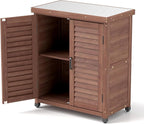Elegant Brown Solid Wood Potting Bench with Storage Cabinet & Durable Metal Table Top for Outdoor Patio, Perfect Garden Furniture Workstation 31.5x17x36