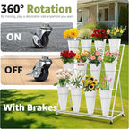 Flower Display Stand 3 Layers with 12 PCS Round Buckets, Plant Stand with Wheels, Movable Metal Plant Stand for Terrace Garden, Florist Shop