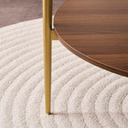Round Coffee Table, Mid-Century Modern Design, D30“ x H17”, for Living Room, 2-Tier Structure, Clear Glass Top and Walnut MDF Shelf, Sleek Conical Metal Legs with Gold Finish