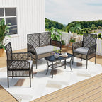4-Piece Patio Furniture Set, Weather-Resistant Rattan Patio Conversation Set with Two-Tier Coffee Table, Upholstered Openwork Wicker Furniture for Porch, Garden, Lawn, Gray