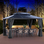 LeDoasis 10' X 13' Hardtop Gazebo, Outdoor Permanent Polycarbonate Double Roof Canopy with Breathable Netting & Privacy Curtain for Patio Backyard Garden Lawn Party