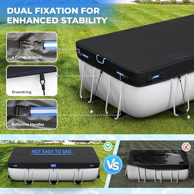 12x18 Ft Rectangular Pool Cover with Reflective Strips for Above Ground Pool, 420D Swimming Pool Cover for Rectangular or Oval Frame Pools, Solar Cover with Drawstring and Ground Nails