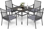 HERA'S HOUSE Metal Patio Table and Chairs Set for 4, Outdoor Dining Set 5 Pieces, 37" Square Table with Elegant Cushioned Armrest Chairs for Garden Backyard with 1.57" Umbrella Hole