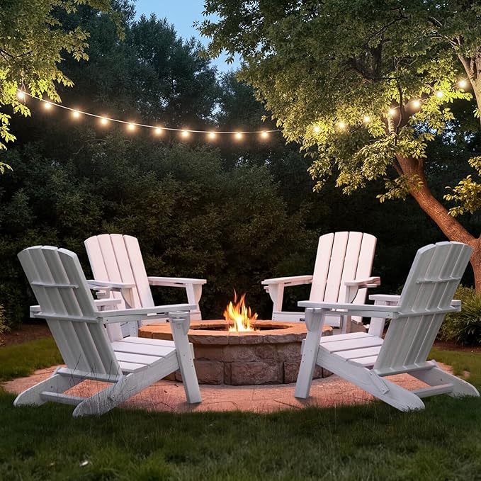 Folding Adirondack Chair with Wood Texture, HDPE All-Weather Fire Pit Chairs, Plastic Adirondack Chairs with 2 Cup Holder, Outdoor Lawn Chair for Patio Garden (White)
