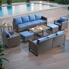 HUMMUH 9 Piece Patio Furniture Set Outdoor Sectional Sofa,High Back Patio Swivel Rocker Chairs with Ottomans Coffee Table for Porch,Garden,Backyard(Brown/Blue)
