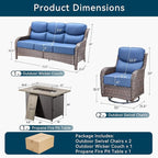 Luxury High Back Outdoor Furniture 6-Inch Thick Cushions with 50,000 BTU Gas Propane Fire Pit Tablet, Patio Furniture Set with Swivel Chairs, for Porch, Balcony, Deck and Yard