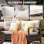 MEISSALIVVE 8 Piece Outdoor Patio Furniture Set, Half-Moon Curved Sectional Set with Wood Armrests, Patio Conversation Set, 2 Half-Moon Ottomans, Round Table & Side Table (Brown)