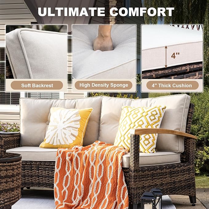 MEISSALIVVE 11 Piece Outdoor Patio Furniture Set, Half-Moon Curved Sectional Sofa Rattan Conversation Set with Wood Armrests, Coffee Table & 2 Side Table（Brown）